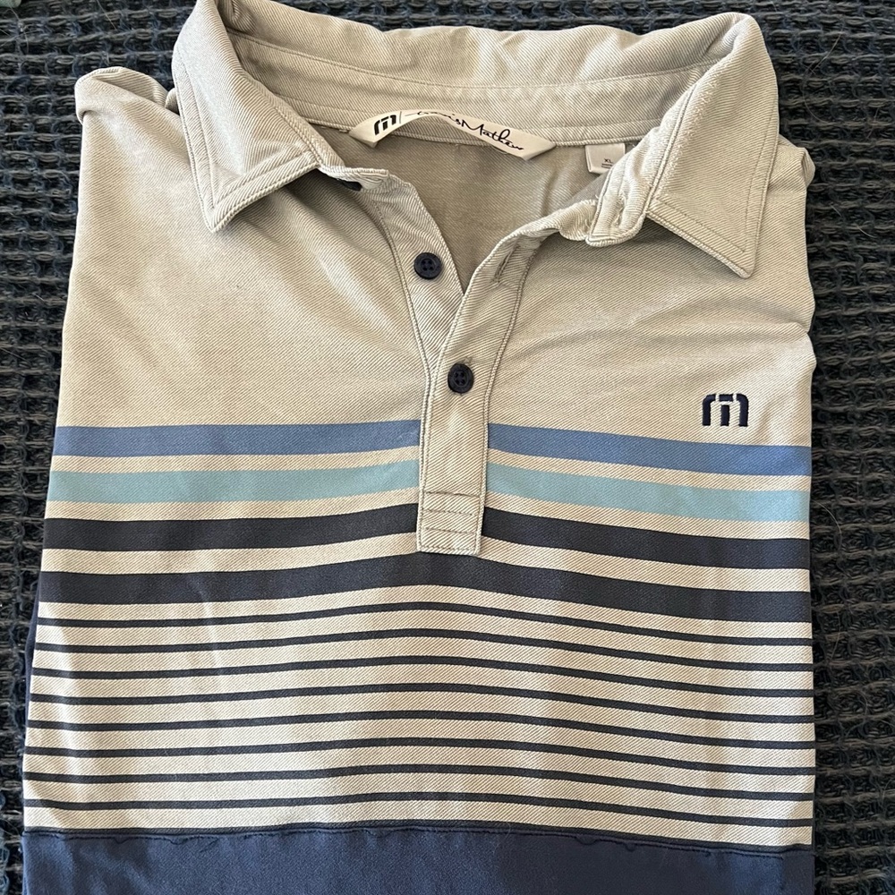 Travis Mathew Grey and Blue Striped Polo